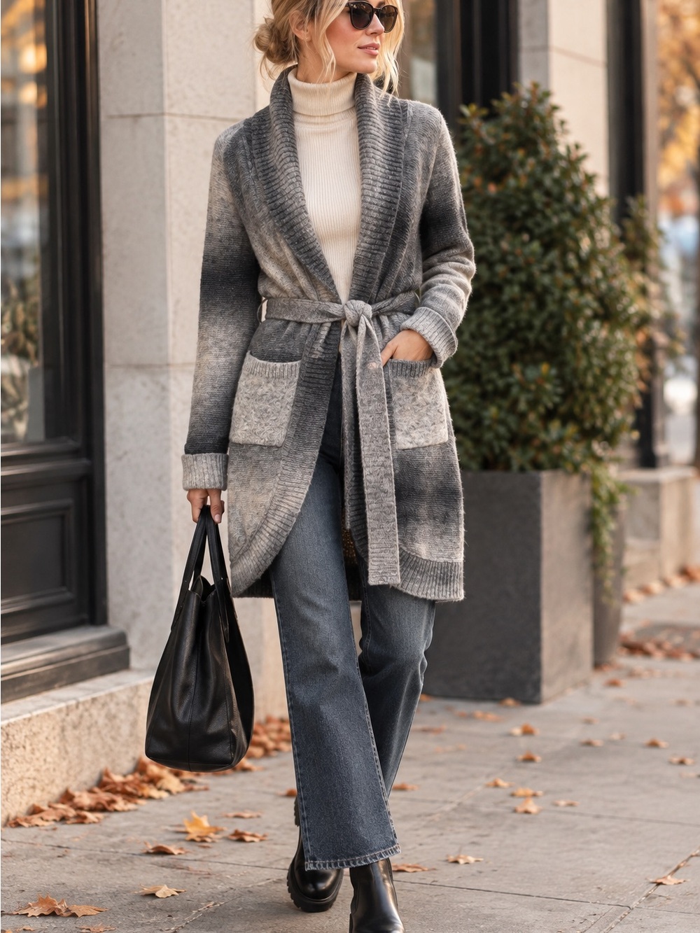 Qi Wool Mohair Gray Ombre Belted Long Cardigan Coat XS Quiet Luxury